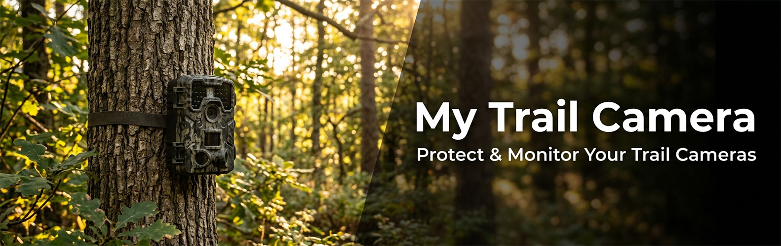 Trail camera mounted on a tree in the forest — My Trail Camera Pro online anti-theft protection for trail cameras